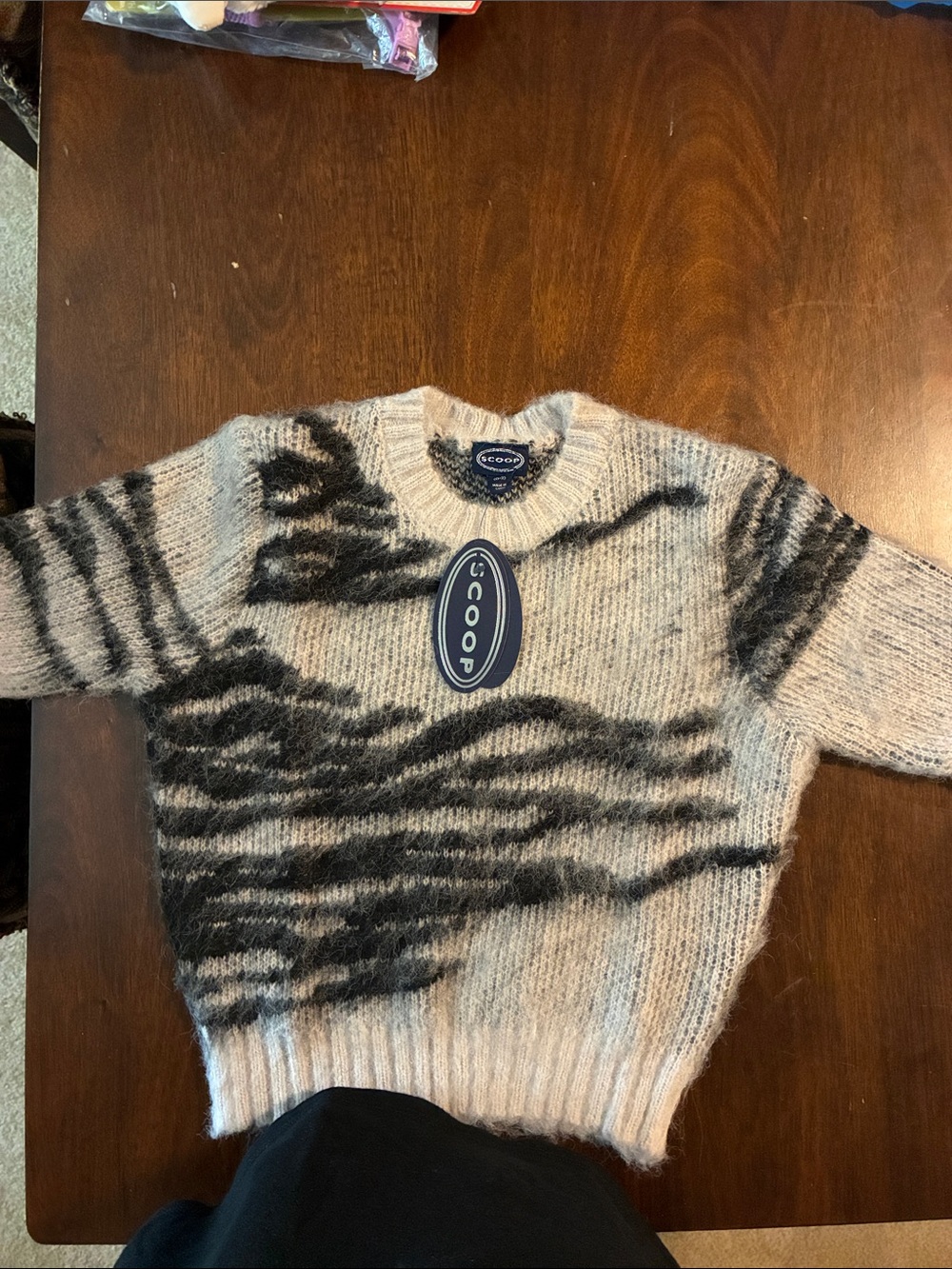 Scoop Women’s Cream Crewneck Sweater with Black Zebra Accent mohair